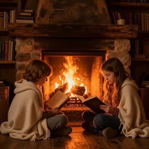 Photograph of two young girls, one with short brown hair, the other with long brown hair, sitting cross-legged by a roaring fireplace, reading books