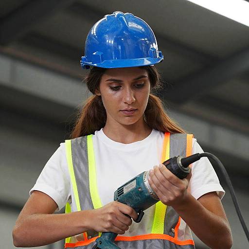 Focused Young Woman Using Power Tool