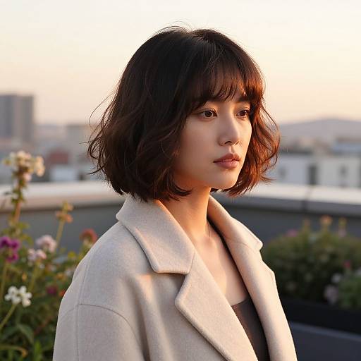 Photograph of an East Asian woman with short, wavy black hair, wearing a beige coat, standing outdoors at sunset, with a cityscape and