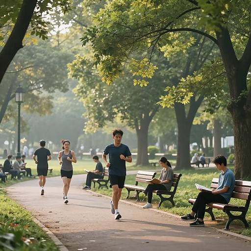 Photograph of a sunny park path with three joggers and three seated people on benches, surrounded by lush green trees.