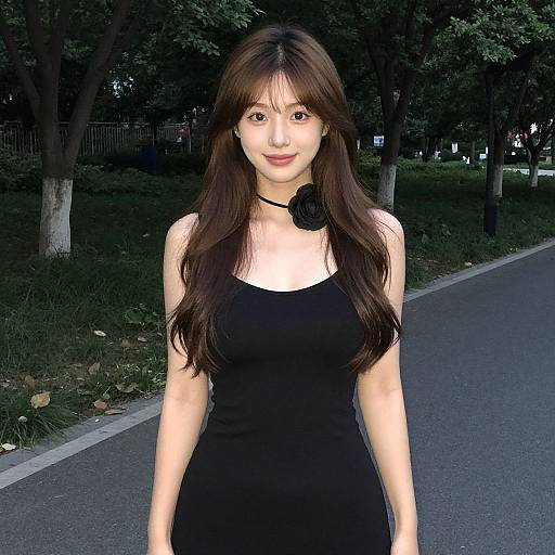 Photograph of an Asian woman with long brown hair, wearing a black dress and black choker with rose, standing on a park path. Trees and