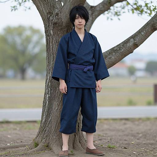 Photograph of a young Asian boy with black hair, wearing a navy blue karate gi and brown sandals, standing against a tree in an outdoor park