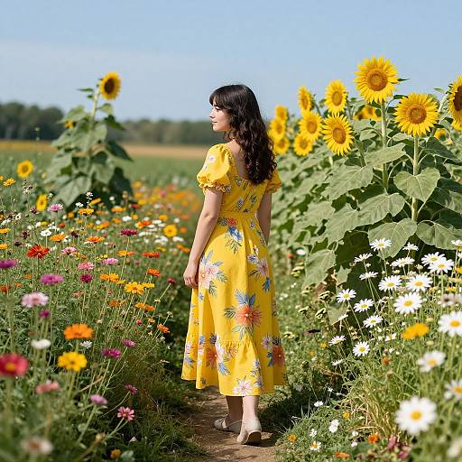 Photograph of a woman with long black hair in a yellow floral dress, standing in a sunflower and wildflower field on a sunny day.