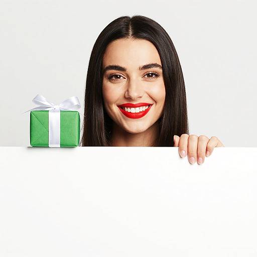 Photograph of a smiling woman with long black hair, red lipstick, holding a green gift box with white ribbon, peeking over a blank white sign