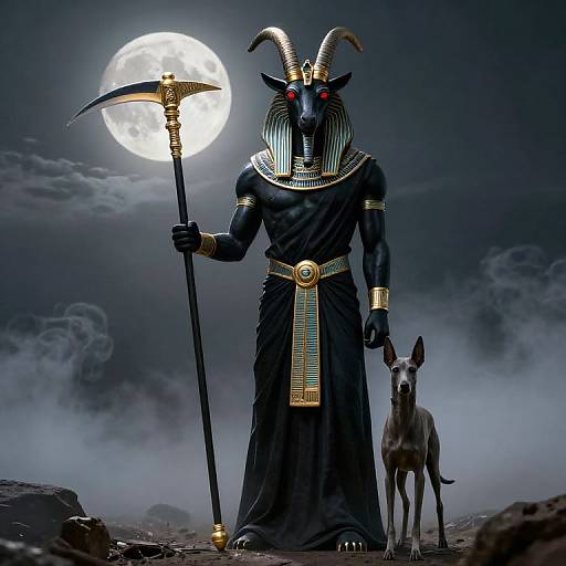 Digital artwork of a black, anthropomorphic Anubis with red eyes, holding a scythe, standing under a full moon with a jackal beside
