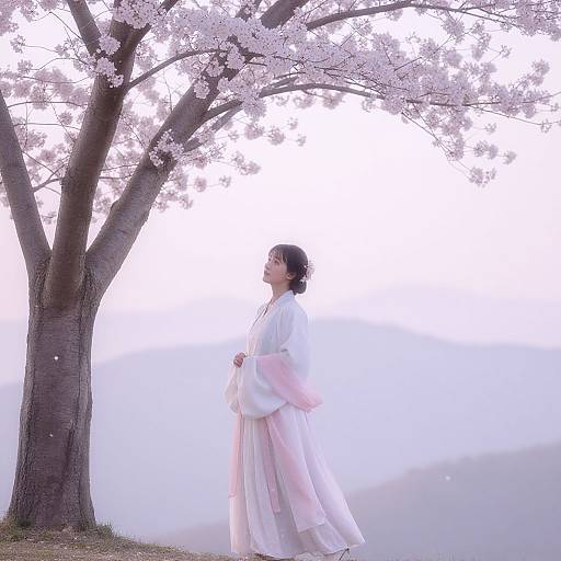 Photograph of a serene Japanese woman in a white kimono, standing under a blooming cherry blossom tree, with a misty background.