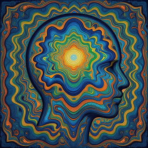 Vibrant, psychedelic drawing of a human head silhouette with colorful, wavy, concentric patterns radiating from the center, surrounded by intricate,