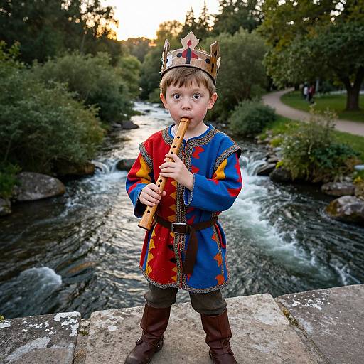 Photograph of a young boy in medieval attire, holding a flute, wearing a golden crown, standing on a stone bridge over a flowing river at sunset