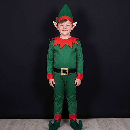 Photograph of a young boy with fair skin, brown hair, wearing a green elf costume with red accents, black belt, and pointed hat, standing