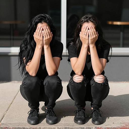 Women in Black on Sidewalk Shadows