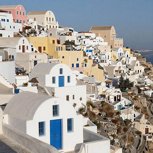 Sunlit Mediterranean hillside village with colorful buildings