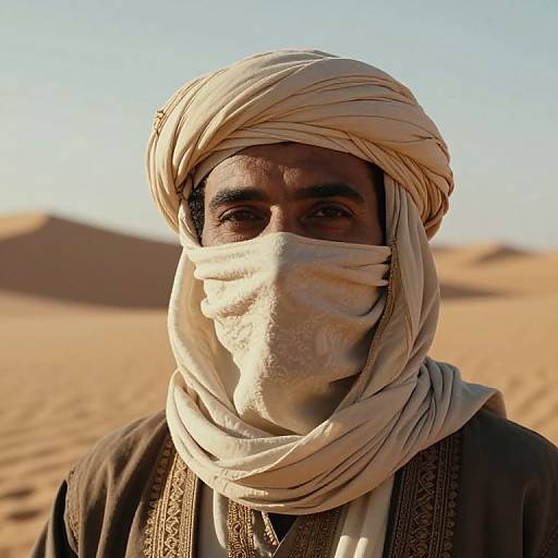Photograph of a Middle Eastern man with dark skin, wearing a white turban and mask, brown traditional clothing, in a sunlit desert with sand