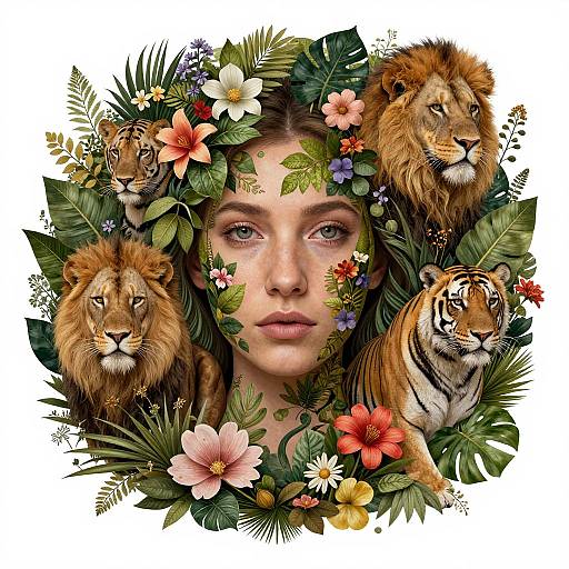 Digital artwork of a young woman's face surrounded by lush greenery, colorful flowers, and four detailed, realistic tiger heads.