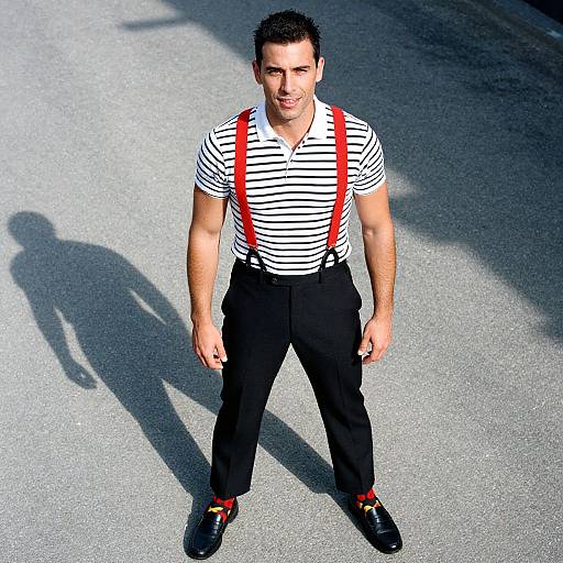 Photograph of a muscular man with short dark hair, wearing a striped shirt, black pants, red suspenders, and black shoes, standing on a