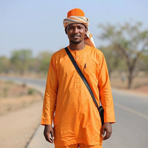 Photograph of a smiling African man in bright orange traditional outfit, white and orange turban, black shoulder strap, standing on a sunny rural road.