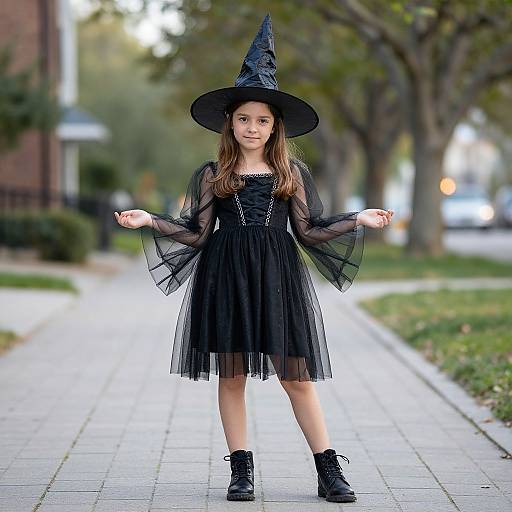 Photograph of a young girl in a black witch costume with a pointed hat, sheer sleeves, dress, and boots, standing on a suburban street with