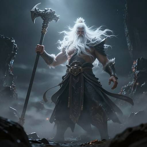Digital fantasy art of a fierce, muscular, white-bearded warrior with glowing white hair, holding a spiked staff, amidst a ruined, misty battlefield