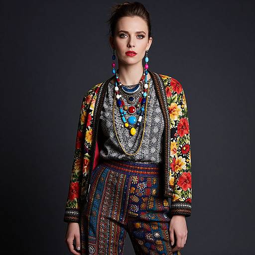Photograph of a fair-skinned woman with dark hair, wearing a vibrant floral jacket, intricate patterned pants, and colorful jewelry, against a dark