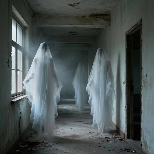 Photograph-style CGI of three translucent, ghostly figures in long white sheets floating down a dim, dilapidated, and eerie hallway.