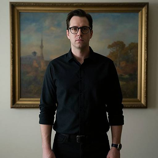 Photograph of a serious-looking man with glasses, black shirt, and black pants, standing in front of a framed landscape painting.