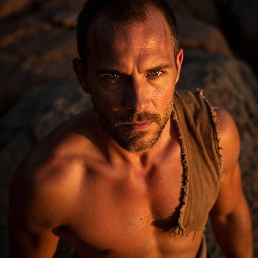 Photograph of a muscular, shirtless man with a short beard and intense gaze, illuminated by warm, dramatic lighting, wearing a tattered brown sleeve