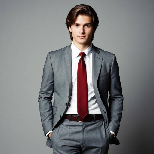 Young man in formal grey suit with red tie
