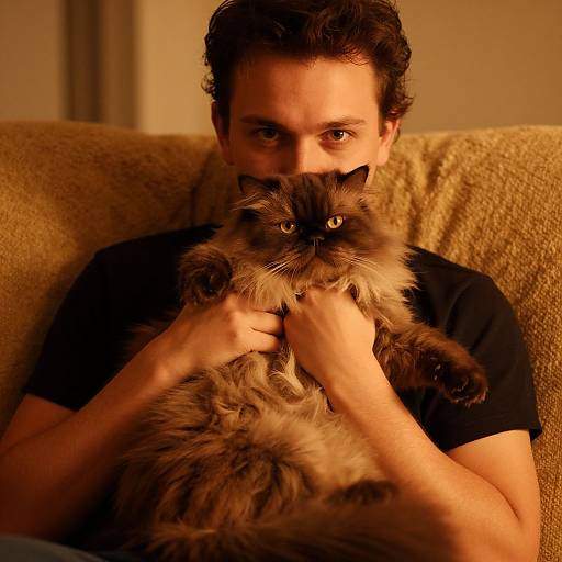 Photograph of a man with dark hair, wearing a black shirt, holding a fluffy, gray and black long-haired cat on a beige couch, under