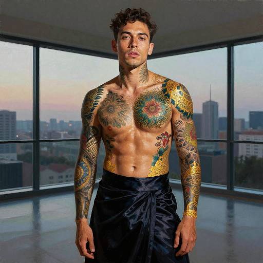 Photograph of a muscular, tattooed man with curly hair, wearing black pants, standing in a modern high-rise apartment with cityscape view.