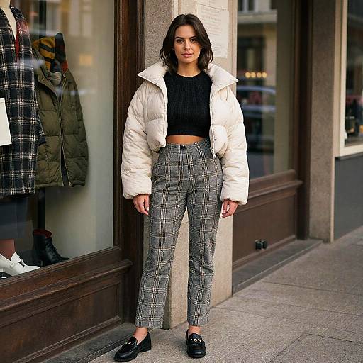 Photograph of a young woman with medium-length dark hair, wearing a white puffy jacket, black crop top, and checkered high-waisted