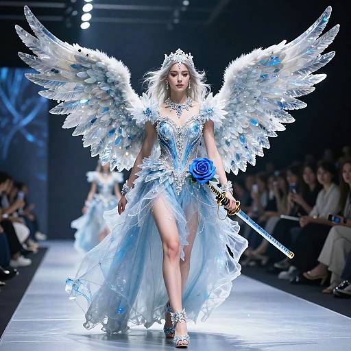 Photograph of a white-haired angelic model with large blue and white feathered wings, wearing a sheer blue dress, holding a blue rose, and
