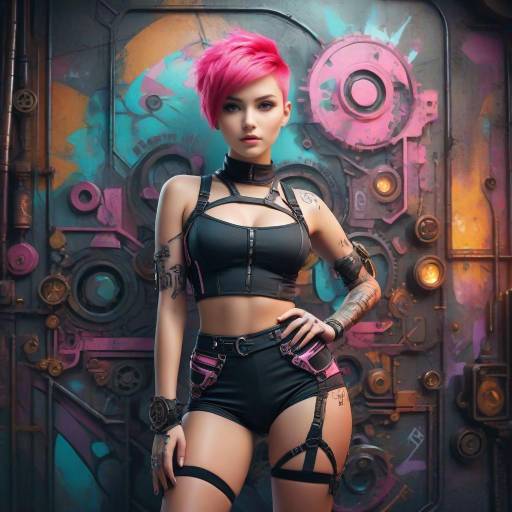 Cyberpunk Woman with Pink Hair and Futuristic Outfit