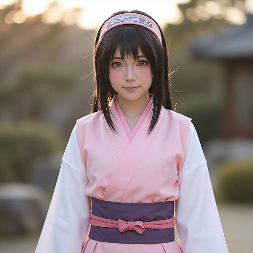 Photograph of a young Japanese woman with black hair, pink headband, and kimono, standing outdoors at sunset, with blurred greenery background.