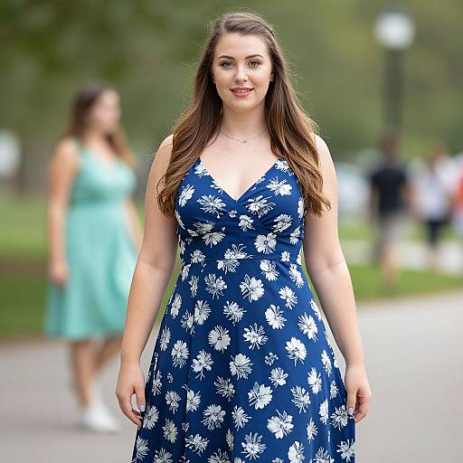 Photograph of a smiling, fair-skinned woman with long brown hair in a blue floral dress, standing in a blurred park background with another woman in