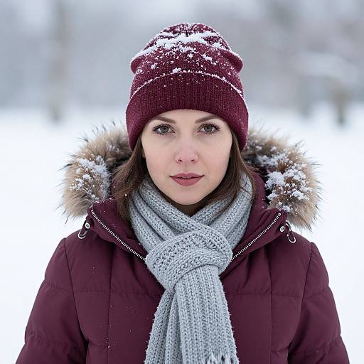 Photograph of a fair-skinned woman with brown eyes, wearing a maroon beanie, gray scarf, and dark coat with fur hood, standing