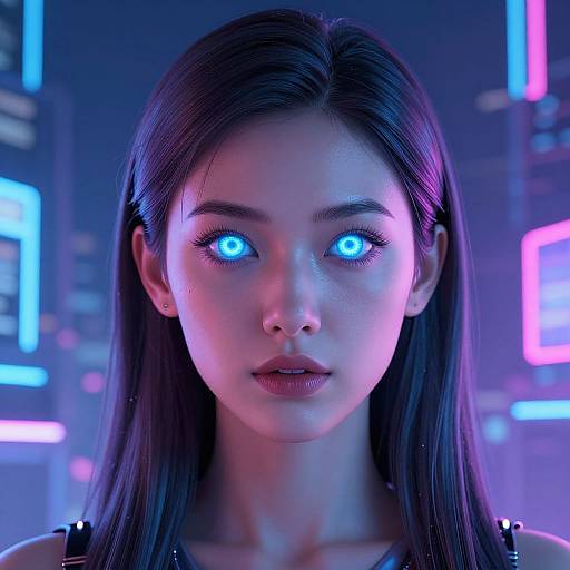 CGI portrait of a young woman with glowing blue eyes, long dark hair, and neon-lit cyberpunk background. Bright blue and pink lights highlight