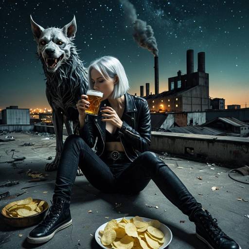 Silver-Haired Woman Drinking Beer with Cerberus on Industrial Rooftop Silver-Haired Woman Drinking Beer with Cerberus on Industrial Rooftop