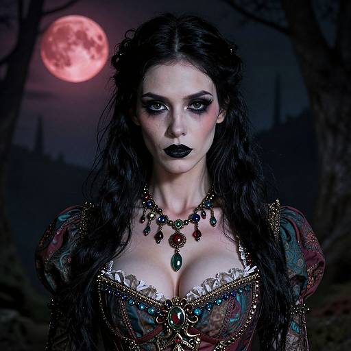 Digital artwork of a pale, dark-haired woman with black lipstick, wearing a detailed, low-cut, colorful gown and jeweled necklace, against a dark