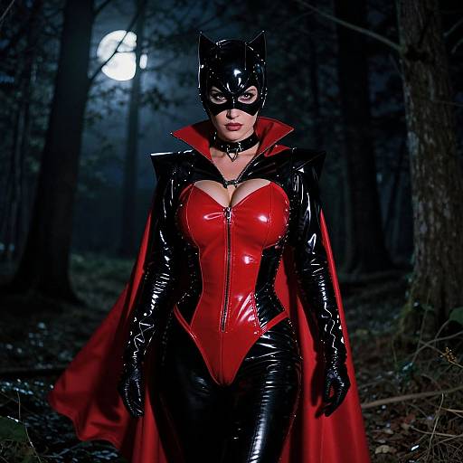 Photograph of a woman in a glossy black and red latex Catwoman costume with a red cape, black mask, and high collar, standing in a