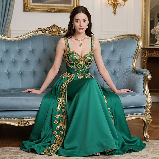 Photograph of an elegant Asian woman with long black hair, wearing a green, gold-embroidered ball gown, sitting on a blue, gold