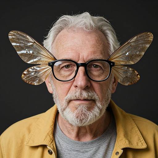 Photograph of an elderly white man with white hair and beard, wearing black glasses with butterfly wings, a yellow jacket, and gray shirt, against a