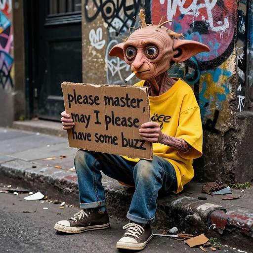 Photograph of a street-performing creature with large eyes, horns, and a yellow shirt, holding a sign reading 