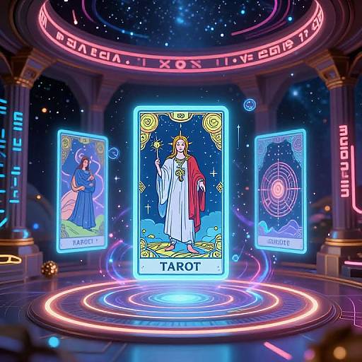 Neon-lit, digital illustration of a tarot card display featuring the Tarot card in the center, flanked by cards for Justice and the