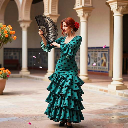 Flamenco dancer in teal polka dot dress