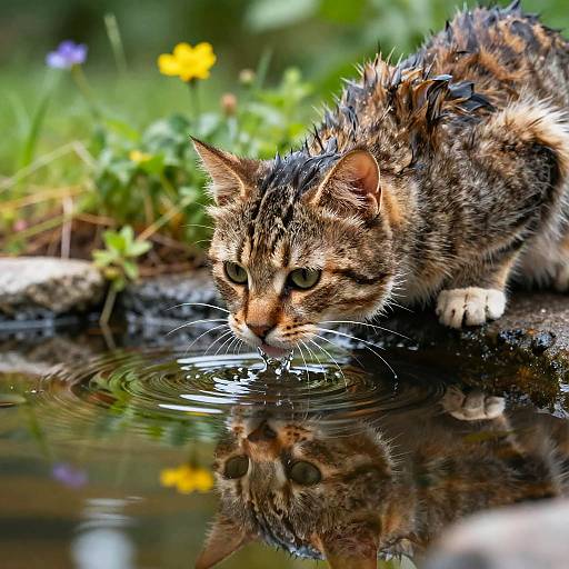 Photograph of a wet, brown tabby kitten with green eyes drinking from a reflective pond, surrounded by green foliage and yellow flowers.