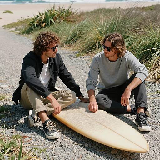Two Men Sitting by Beach with Surfboard