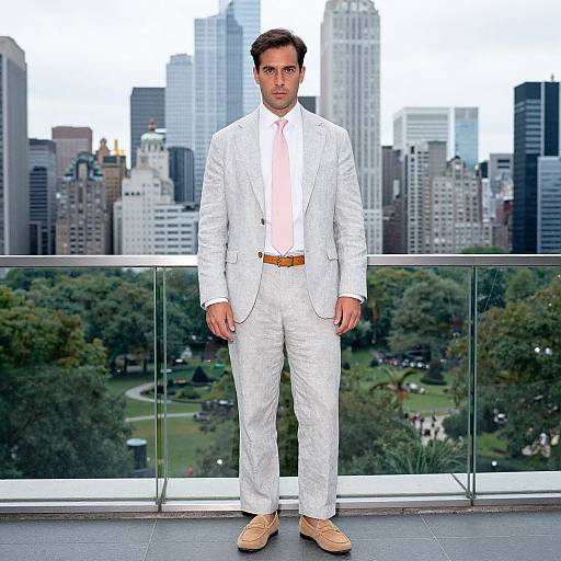 Photograph of a handsome man in a white suit, pink shirt, and tan shoes, standing on a rooftop overlooking a city skyline and park.
