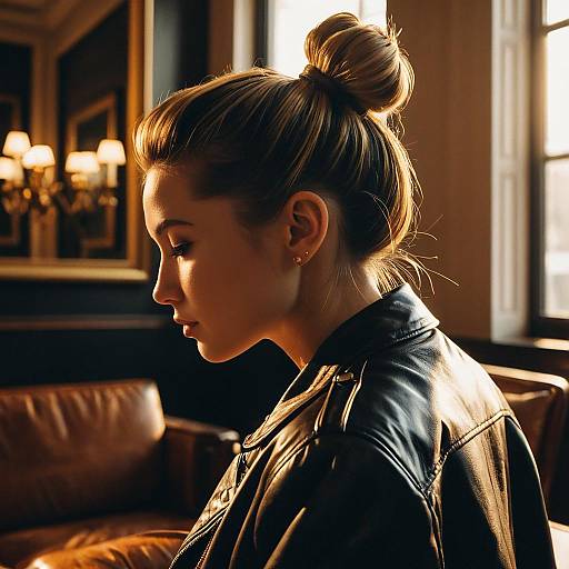 Woman with High Bun and Leather Jacket in Luxury Interior