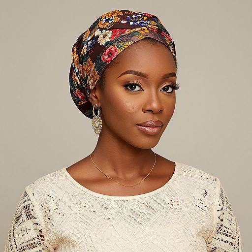 Photograph of a beautiful Black woman with dark skin, wearing a colorful floral headwrap, white lace top, gold necklace, and dangling earrings, looking