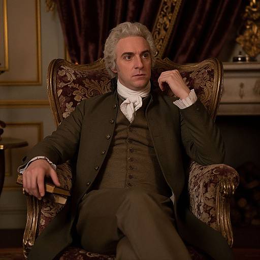 Historical drama photograph of a white-haired man in 18th-century attire, seated in an ornate, patterned armchair, with a serious