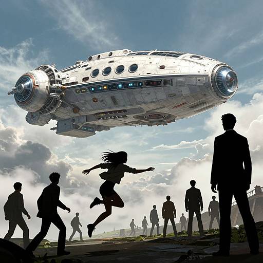 Digital artwork of a futuristic silver spaceship hovering above silhouetted people running on a grassy field under a bright, cloudy sky.